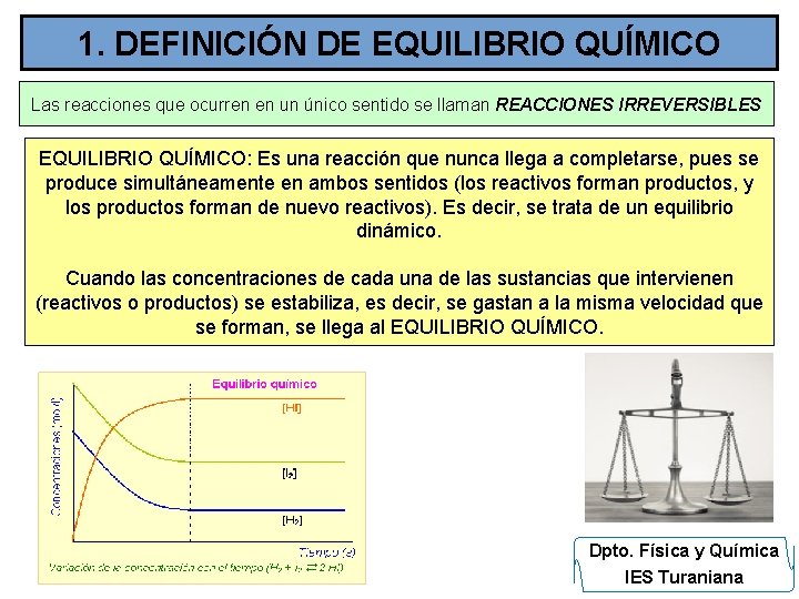 1. DEFINICIÓN DE EQUILIBRIO QUÍMICO Las reacciones que ocurren en un único sentido se