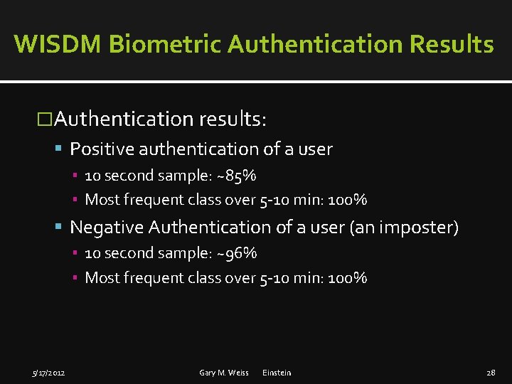 WISDM Biometric Authentication Results �Authentication results: Positive authentication of a user ▪ 10 second