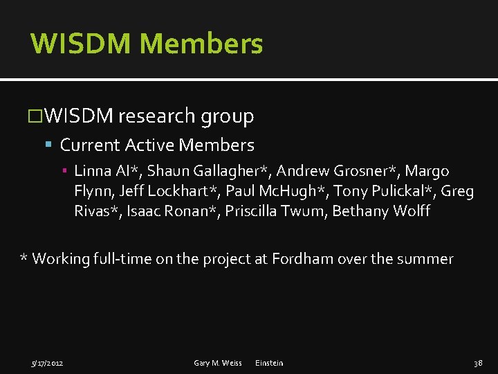 WISDM Members �WISDM research group Current Active Members ▪ Linna AI*, Shaun Gallagher*, Andrew