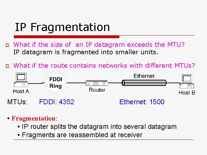 IP Fragmentation o o What if the size of an IP datagram exceeds the