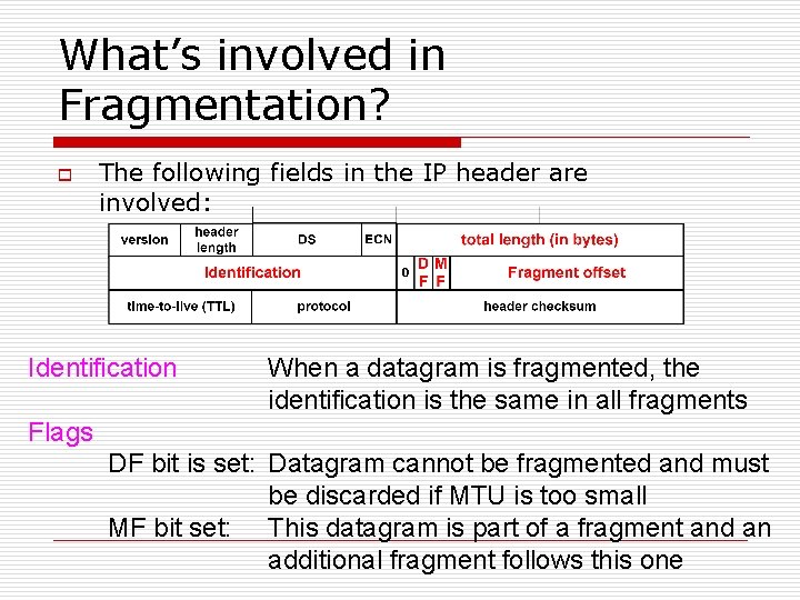 What’s involved in Fragmentation? o The following fields in the IP header are involved: