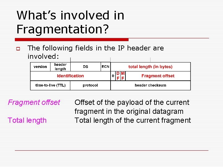 What’s involved in Fragmentation? o The following fields in the IP header are involved: