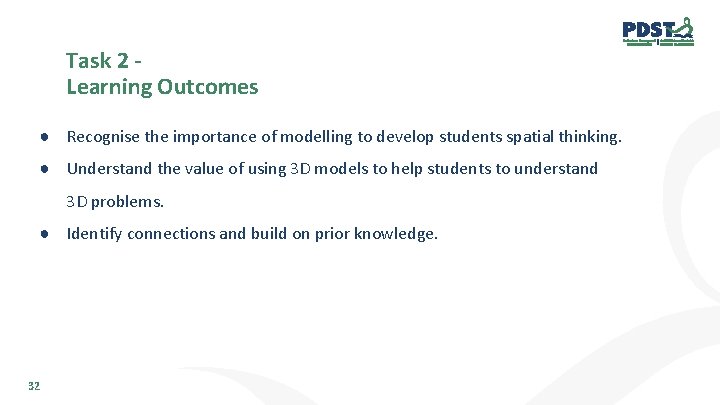 Task 2 Learning Outcomes ● Recognise the importance of modelling to develop students spatial