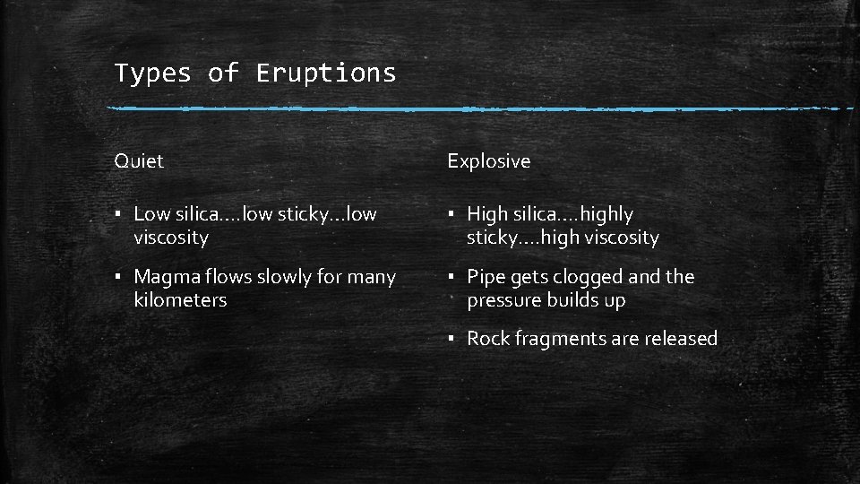 Types of Eruptions Quiet Explosive ▪ Low silica…. low sticky…low viscosity ▪ High silica….