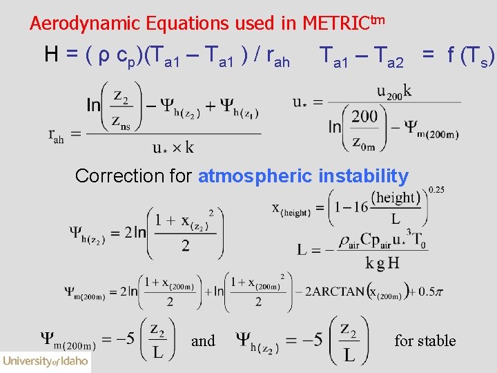 Aerodynamic Equations used in METRICtm H = ( ρ cp)(Ta 1 – Ta 1