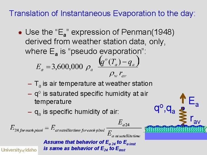 Translation of Instantaneous Evaporation to the day: Use the “Ea” expression of Penman(1948) derived