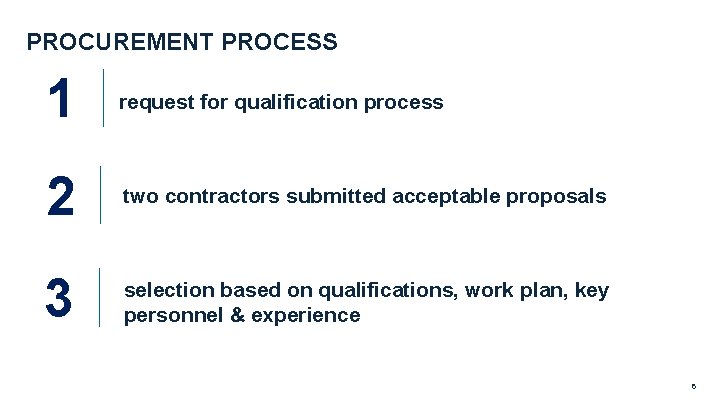 PROCUREMENT PROCESS 1 request for qualification process 2 two contractors submitted acceptable proposals 3