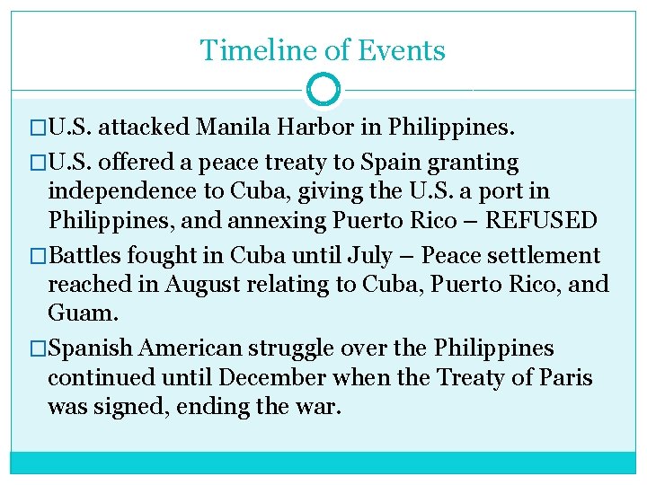 Timeline of Events �U. S. attacked Manila Harbor in Philippines. �U. S. offered a