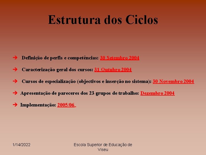 Estrutura dos Ciclos è Definição de perfis e competências: 30 Setembro 2004 è Caracterização