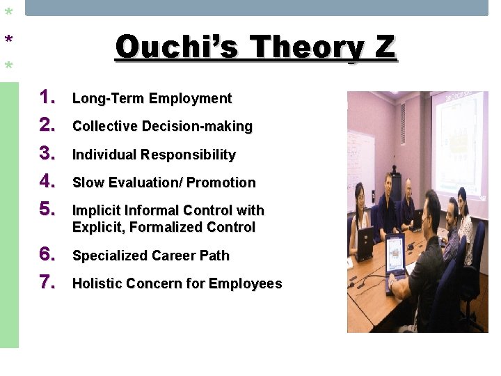 * * * Ouchi’s Theory Z 1. 2. 3. 4. 5. Long-Term Employment 6.