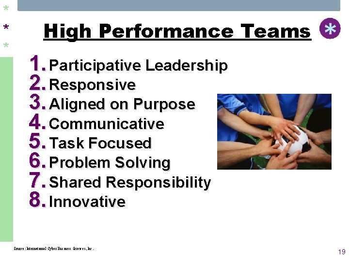 * * * High Performance Teams 1. Participative Leadership 2. Responsive 3. Aligned on