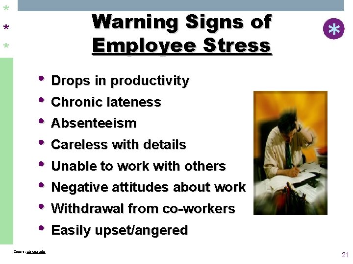 * * * Warning Signs of Employee Stress • Drops in productivity • Chronic