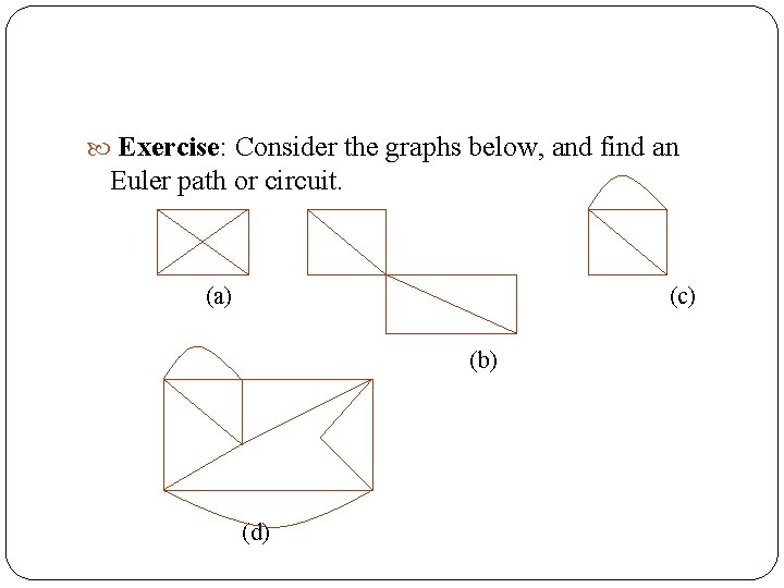  Exercise: Consider the graphs below, and find an Euler path or circuit. (a)