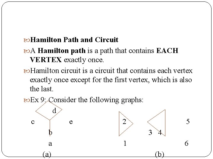  Hamilton Path and Circuit A Hamilton path is a path that contains EACH