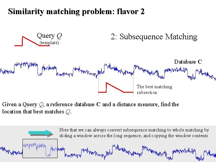 Similarity matching problem: flavor 2 Query Q (template) 2: Subsequence Matching Database C The
