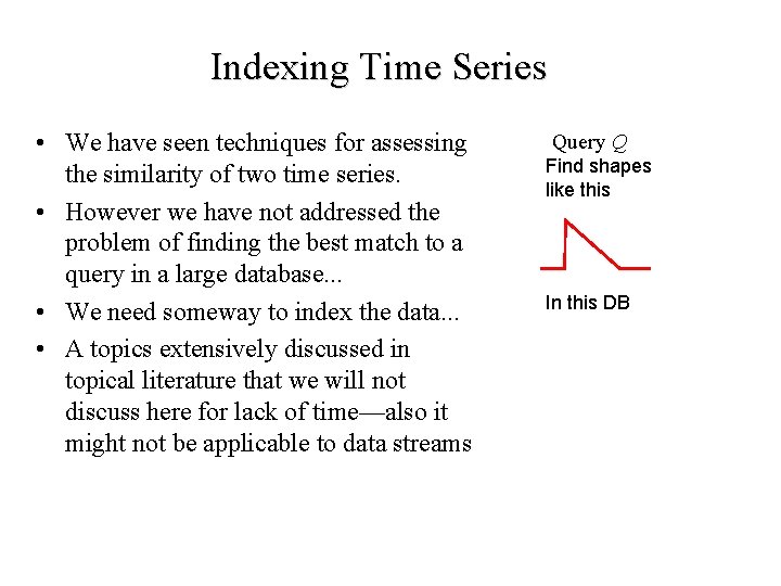 Indexing Time Series • We have seen techniques for assessing the similarity of two