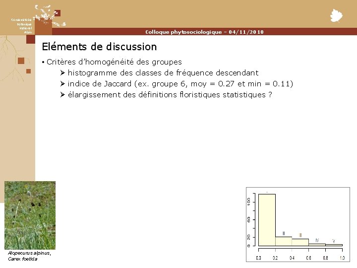 Conservatoire Botanique National Alpin Colloque phytosociologique – 04/11/2010 Eléments de discussion • Critères d’homogénéité