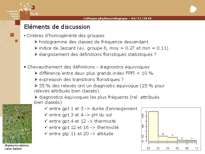 Conservatoire Botanique National Alpin Colloque phytosociologique – 04/11/2010 Eléments de discussion • Critères d’homogénéité