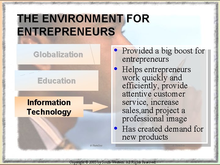 THE ENVIRONMENT FOR ENTREPRENEURS • Globalization • Education Information Technology • Provided a big