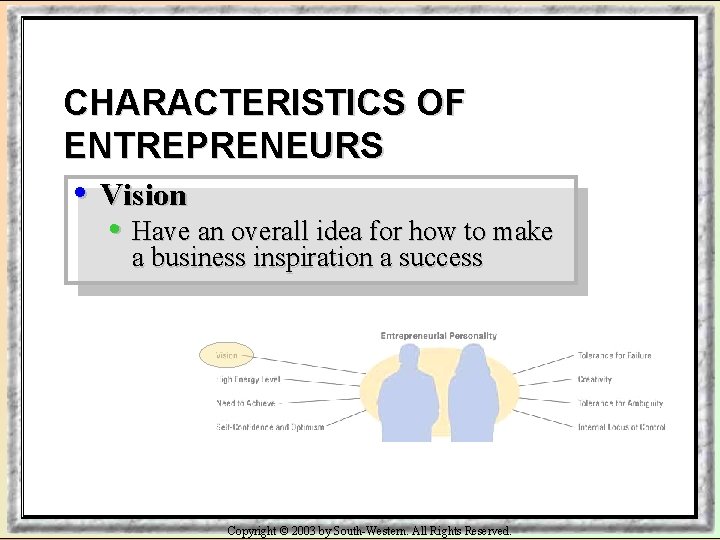 CHARACTERISTICS OF ENTREPRENEURS • Vision • Have an overall idea for how to make