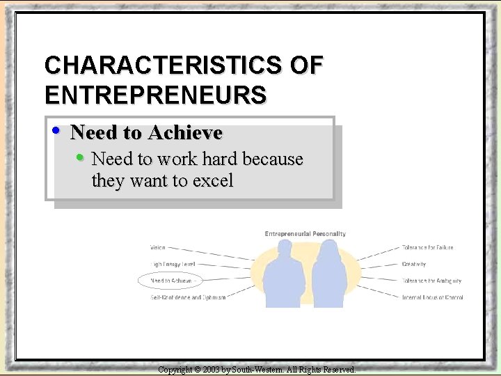 CHARACTERISTICS OF ENTREPRENEURS • Need to Achieve • Need to work hard because they