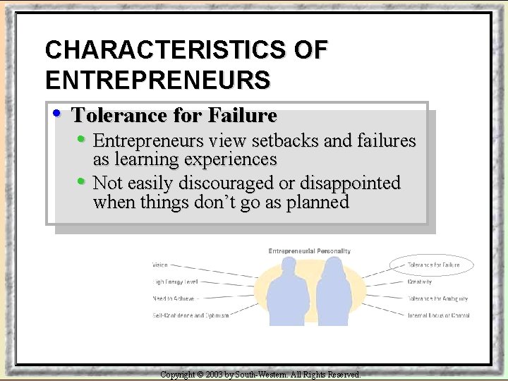 CHARACTERISTICS OF ENTREPRENEURS • Tolerance for Failure • Entrepreneurs view setbacks and failures •