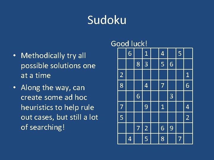 Sudoku Good luck! • Methodically try all possible solutions one at a time •