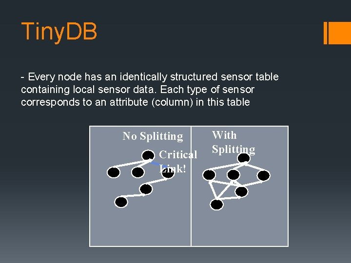 Tiny. DB - Every node has an identically structured sensor table containing local sensor Tiny. DB - Every node has an identically structured sensor table containing local sensor