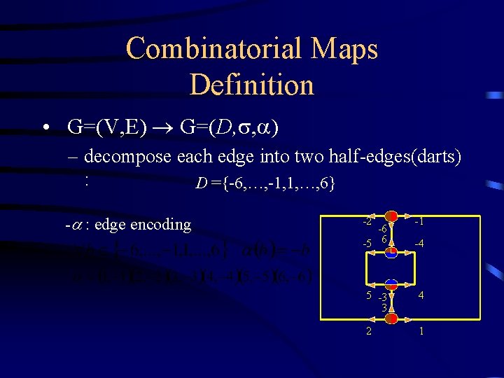 Combinatorial Maps Definition • G=(V, E) G=(D, , ) – decompose each edge into