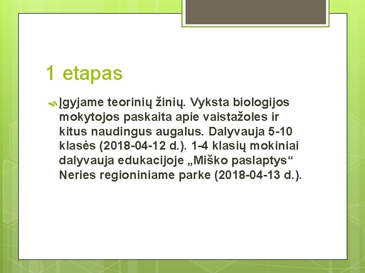 1 etapas Įgyjame teorinių žinių. Vyksta biologijos mokytojos paskaita apie vaistažoles ir kitus naudingus