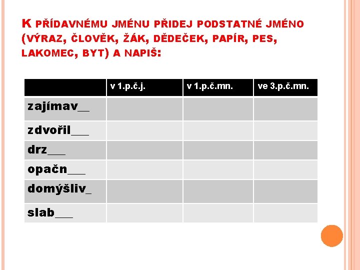 K PŘÍDAVNÉMU JMÉNU PŘIDEJ PODSTATNÉ JMÉNO (VÝRAZ, ČLOVĚK, ŽÁK, DĚDEČEK, PAPÍR, PES, LAKOMEC, BYT)