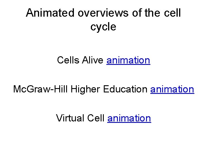 Animated overviews of the cell cycle Cells Alive animation Mc. Graw-Hill Higher Education animation