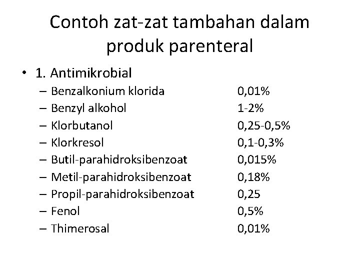 Contoh zat-zat tambahan dalam produk parenteral • 1. Antimikrobial – Benzalkonium klorida – Benzyl