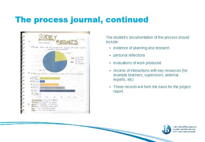 The process journal, continued The student’s documentation of the process should include: • evidence