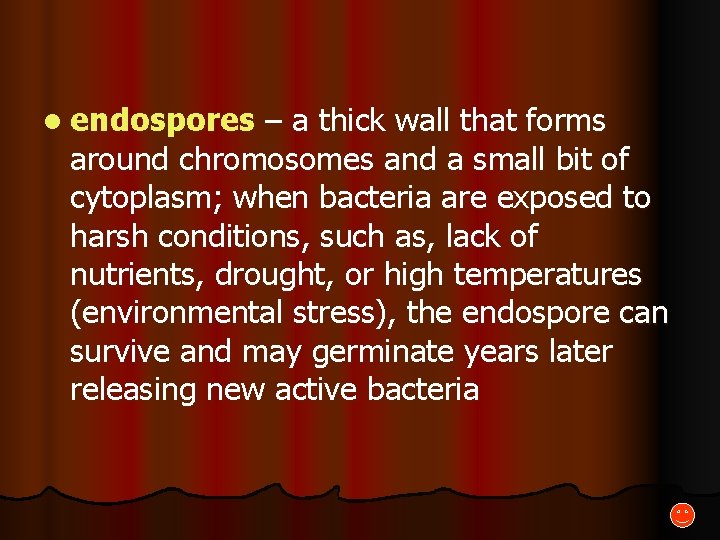 l endospores – a thick wall that forms around chromosomes and a small bit