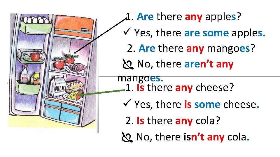 1. Are there any apples? Yes, there are some apples. 2. Are there any