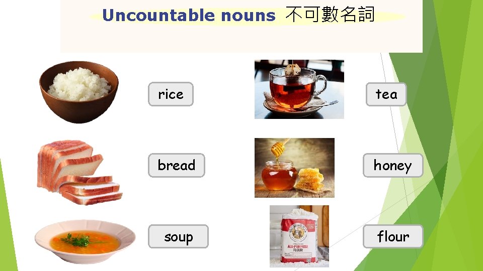Uncountable nouns 不可數名詞 rice tea bread honey soup flour 