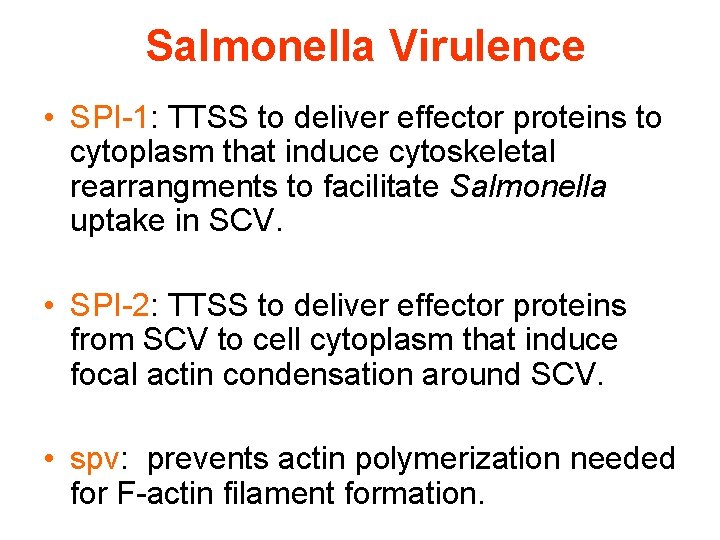 Salmonella Virulence • SPI-1: TTSS to deliver effector proteins to cytoplasm that induce cytoskeletal