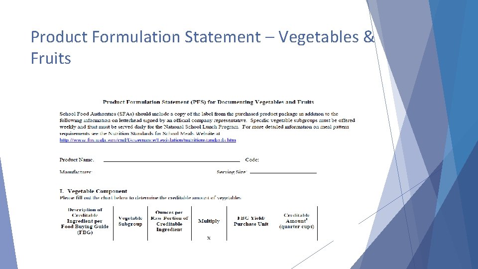 Product Formulation Statement – Vegetables & Fruits 