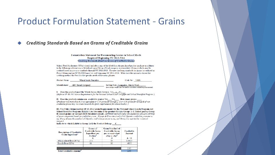 Product Formulation Statement - Grains Crediting Standards Based on Grams of Creditable Grains 