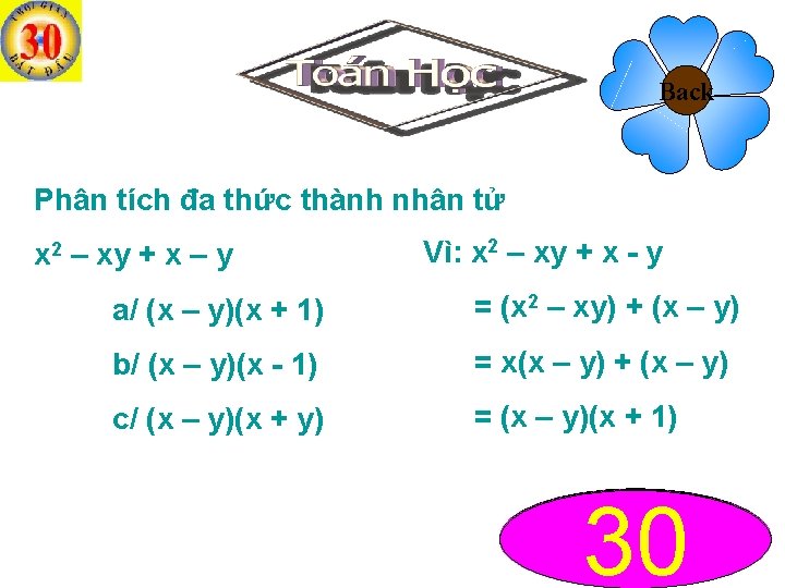 Back Phân tích đa thức thành nhân tử x 2 – xy + x