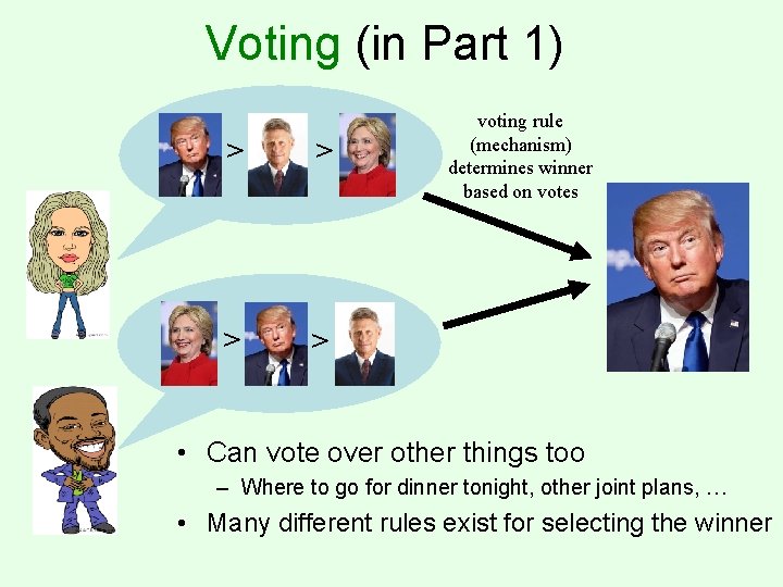 Voting (in Part 1) > > voting rule (mechanism) determines winner based on votes