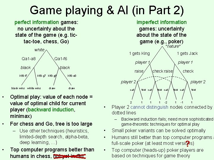 Game playing & AI (in Part 2) perfect information games: no uncertainty about the