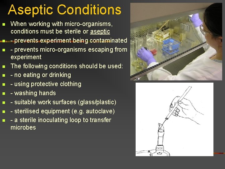 Aseptic Conditions n n n n n When working with micro-organisms, conditions must be