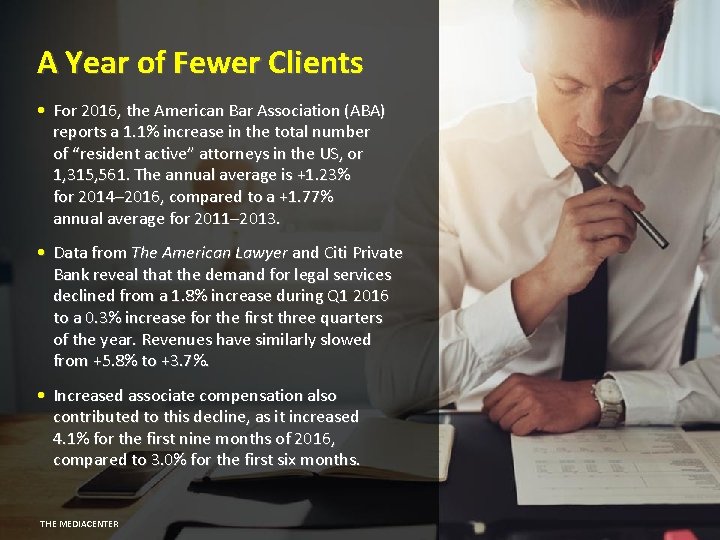 A Year of Fewer Clients • For 2016, the American Bar Association (ABA) reports