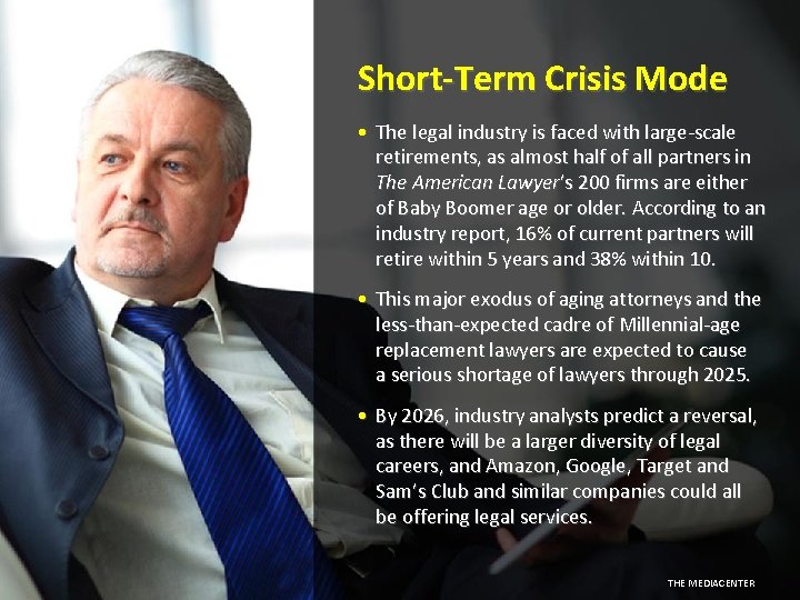 Short-Term Crisis Mode • The legal industry is faced with large-scale retirements, as almost