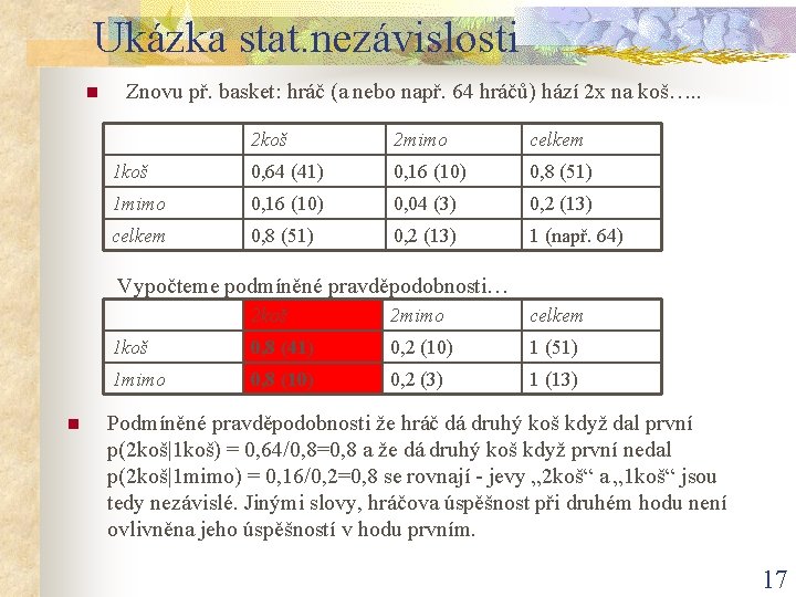 Ukázka stat. nezávislosti n Znovu př. basket: hráč (a nebo např. 64 hráčů) hází