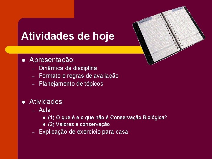 Atividades de hoje l Apresentação: – – – l Dinâmica da disciplina Formato e