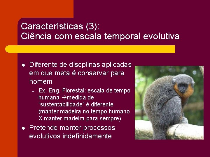 Características (3): Ciência com escala temporal evolutiva l Diferente de discplinas aplicadas em que