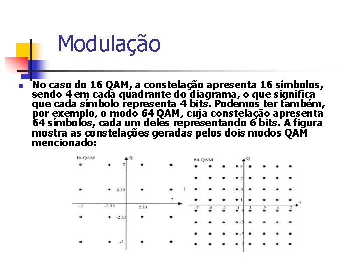 Modulação n No caso do 16 QAM, a constelação apresenta 16 símbolos, sendo 4